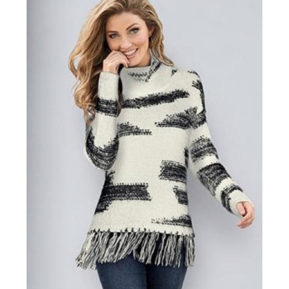 Romeo & Juliet Couture Cowlneck Poncho Style Sweater with Fringe Black & White S